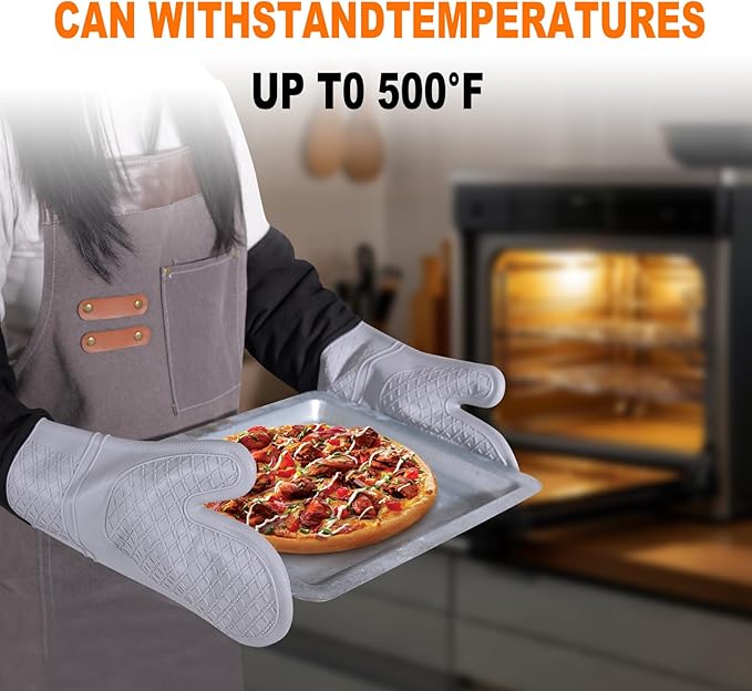 Extra Long Silicone Oven Mitts, Heat Resistant Oven Gloves with Quilted Liner Non-Slip Textured Grip Perfect for BBQ, Baking, Cooking and Grilling - 1 Pair 20 Inch Grey