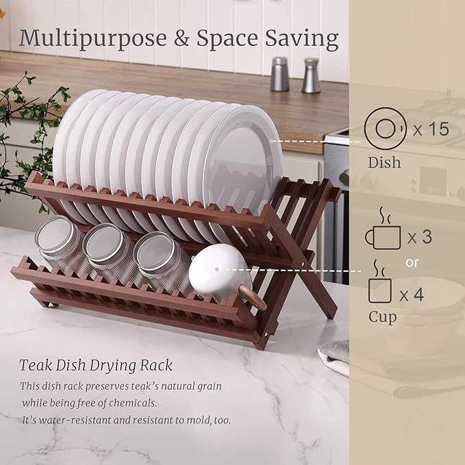 VERTORGAN Teak Dish Drying Rack,Folding Collapsible Drainer Plate Organizer Holder for Kitchen,Foldable Spice Rack for Countertop and Cabinet,Pantry Organization and Storage
