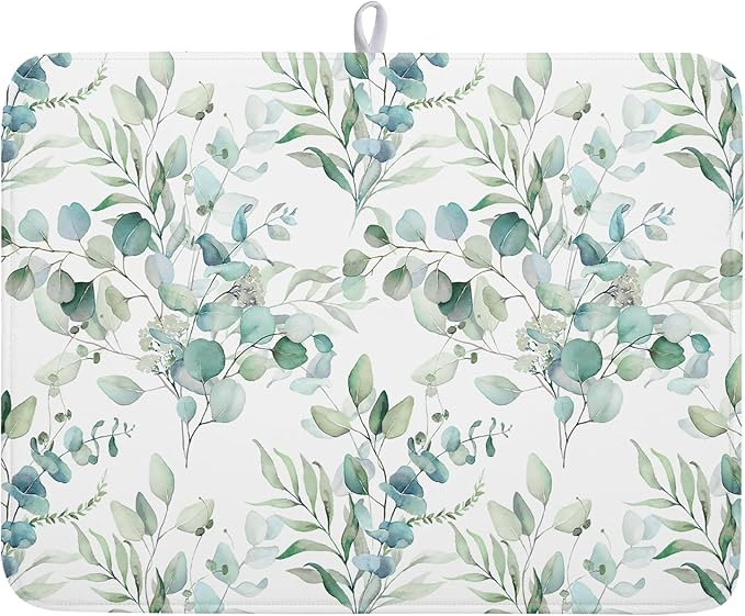 Sage Green Leaves Dish Drying Mats for Kitchen Counter 18x24 Inch, Leaves Kitchen Drying Mat,Watercolor Herbs Dishes Pad Dish Drainer Rack Mats Absorbent Fast Dry Kitchen Accessories