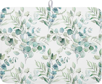 Sage Green Leaves Dish Drying Mats for Kitchen Counter 18x24 Inch, Leaves Kitchen Drying Mat,Watercolor Herbs Dishes Pad Dish Drainer Rack Mats Absorbent Fast Dry Kitchen Accessories
