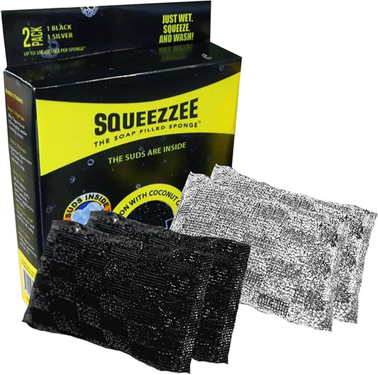 Squeezzee Soap Filled Scrubber Sponges - Non Scratch Scrubbing Sponge with Built-In Dishwashing Liquid Dish Soap - Double Sided Kitchen & Household Cleaning Scrubbers - Up to 300 Washes Per Sponge - 4