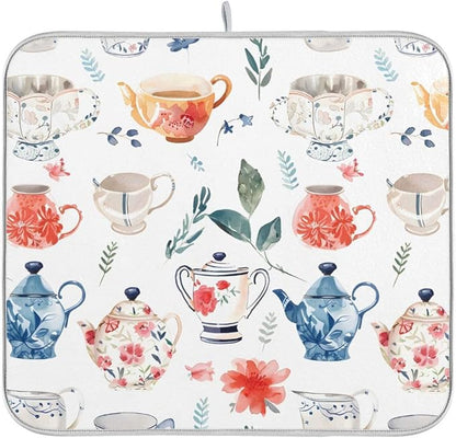 Watercolor Tea Cups Teapots Dish Drying Mat for Kitchen Counter Absorbent Microfiber Drying Pad, Medium 16x18 in, Reversible Drainer Mats