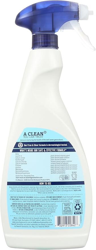 Seventh Generation Natural Laundry Stain Remover, Free & Clear, 16 oz Spray Bottle