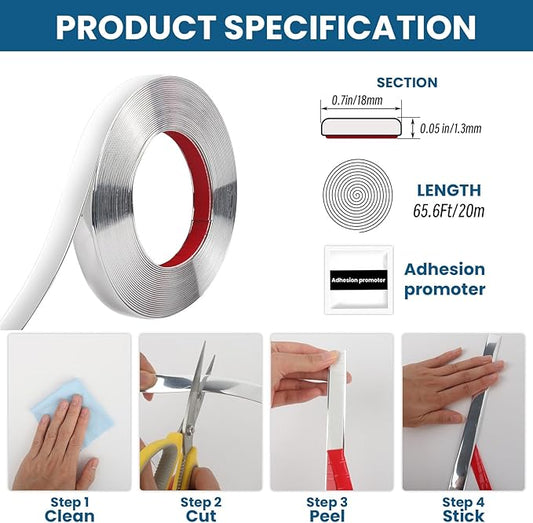 Peel and Stick Molding Trim Waterproof Mirror Tape Border Flexible Wall Trim Molding Self Adhesive for Home Decoration Wall Protection(65.6 Ft)