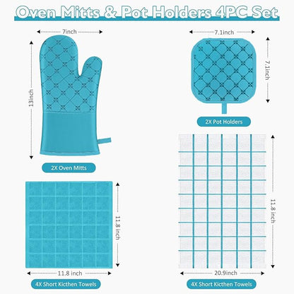 Oven Mitts Kitchen Towels Dishcloths with Pot Holders Sets 12PCS, Dish Towels Sets, Oven Gloves Pot Pads Heat Resistant 500 Degrees with Non-Slip Silicone Surface for Cooking Baking Grilling (Blue)