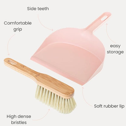 Vigar Zeroline Mini Bamboo Broom with Dustpan Combo Set, Small Dust Pan and Brush Set for Dust, Pet Hair, Car, and Crumb, House, Kitchen Broom, Pink