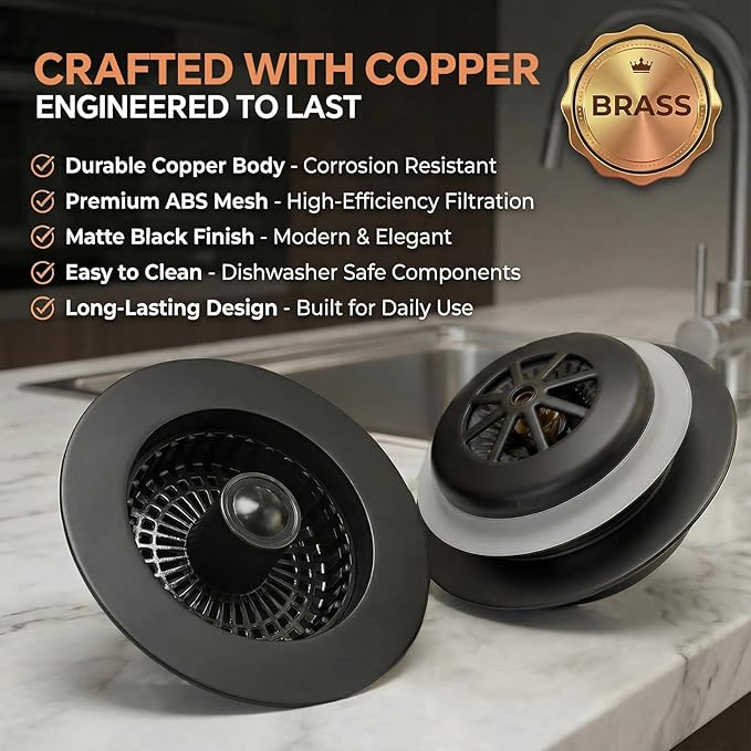Kitchen Sink Stopper, 3 in 1 Pop Up Kitchen Sink Drain Strainer, with an Extra Basket Strainer, Sink Drain Stopper for US Standard 3-1/2 Inch, Brass Material Electroplate (Black)