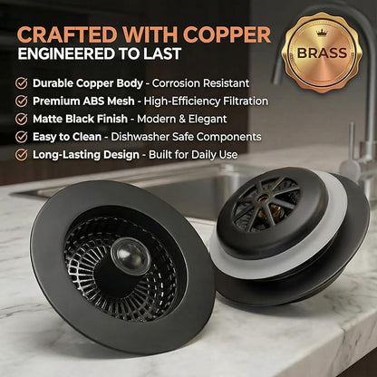 Kitchen Sink Stopper, 3 in 1 Pop Up Kitchen Sink Drain Strainer, with an Extra Basket Strainer, Sink Drain Stopper for US Standard 3-1/2 Inch, Brass Material Electroplate (Black)