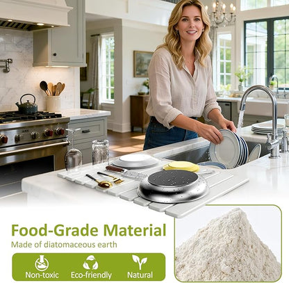 Large Stone Dish Drying Mat for Kitchen Counter, 24"(L)×16"(W), Collapsible Quick Dry Stone Dish Mats, Super Absorbent Diatomaceous Earth Drying Pad for Dishes Bottles Cups, Any Countertop (Beige)