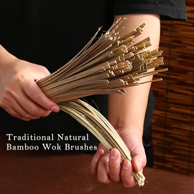 12-Inch Bamboo Wok Brush, Flat Brush, Kitchen Cleaning Brushes for Scrubbing and Cleaning Cooking Pots, Pans and Grilling Utensils (1 Pack)