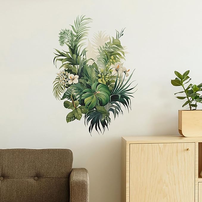 Botanical Wall Decals with Palm Leaves Lush Green Foliage White Flowers Removable Peel and Stick Wall Art 22.4x15.7 inches for Living Room Nursery Home Decor