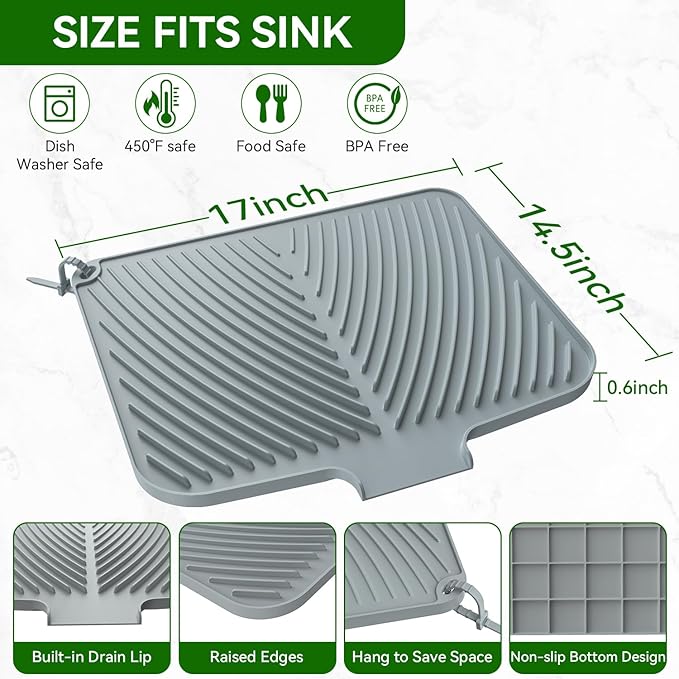 Belife Dish Drying Mat for Kitchen Counter, Silicone Dish Drainers Pad, Non-Slip Under Sink Dish Drying Rack, Heat Resistant Small Stone Drying Board (17" x 14.5",Gray)