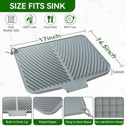 Belife Dish Drying Mat for Kitchen Counter, Silicone Dish Drainers Pad, Non-Slip Under Sink Dish Drying Rack, Heat Resistant Small Stone Drying Board (17" x 14.5",Gray)