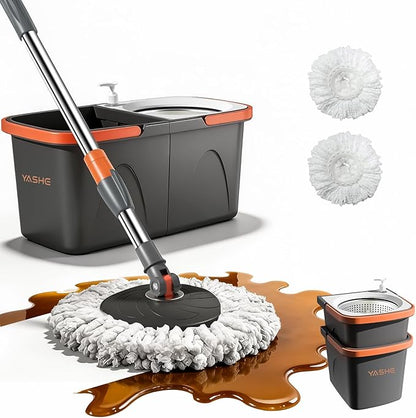 Foldable Spin Mop and Bucket System, Dual-Bucket Cleaning & Stainless Steel Wringing, Collapsible Storage with Detergent Bottle, 2 Reusable Microfiber Mop Heads for Floor Cleaning