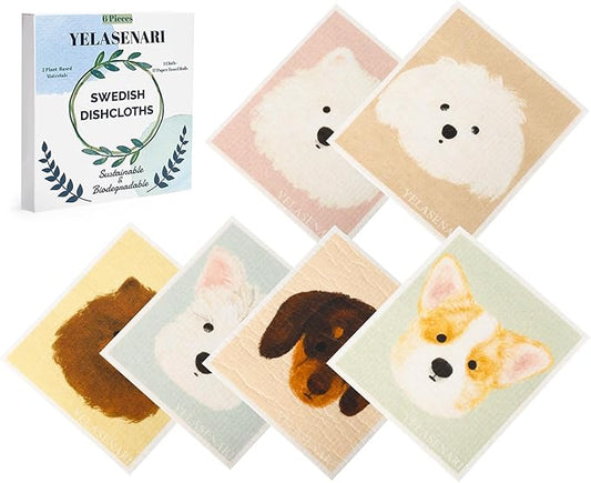 Swedish Dishcloths for Kitchen Reusable 6 Pack Kitchen Towels No Odor Quick-Drying Reusable Paper Towels Reusable Paper Towels Washable for Countertop, Sink, and Kitchen Dog