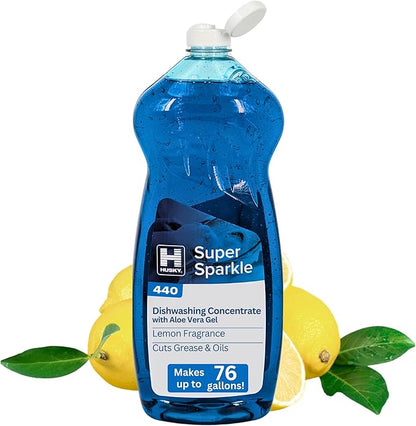 Husky 440 Super Sparkle Dish Soap Liquid | Ultra-Concentrate Dishwashing Liquid for Manual Dish, Pot & Pan Cleaning | Removes Grease, Baked-on Food & Stains from Utensils, Flatware & Glassware