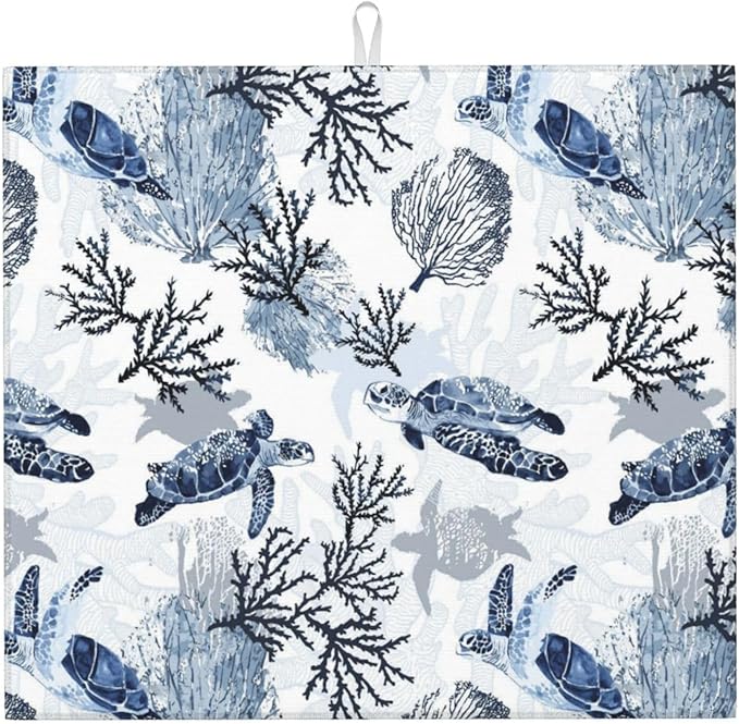 Nautical Blue White Sea Turtle & Coral Dish Drying Mats for Kitchen Counter 16 x 18 Inch, Decorative Navy Blue Dishes Pad Dish Drainer Rack Mats, Foldable Microfiber Washable Absorbent, Kitchen Decor