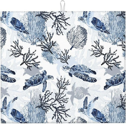 Nautical Blue White Sea Turtle & Coral Dish Drying Mats for Kitchen Counter 16 x 18 Inch, Decorative Navy Blue Dishes Pad Dish Drainer Rack Mats, Foldable Microfiber Washable Absorbent, Kitchen Decor