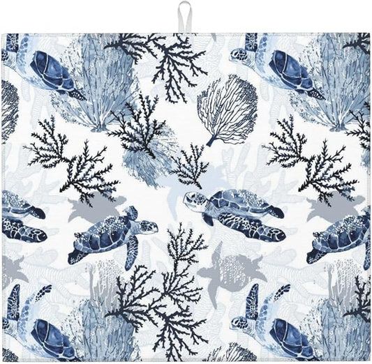 Nautical Blue White Sea Turtle & Coral Dish Drying Mats for Kitchen Counter 16 x 18 Inch, Decorative Navy Blue Dishes Pad Dish Drainer Rack Mats, Foldable Microfiber Washable Absorbent, Kitchen Decor