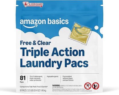 Amazon Basics Laundry Detergent Pacs, Free & Clear, Powerful Triple Action, Hypoallergenic, Unscented, 81 Count