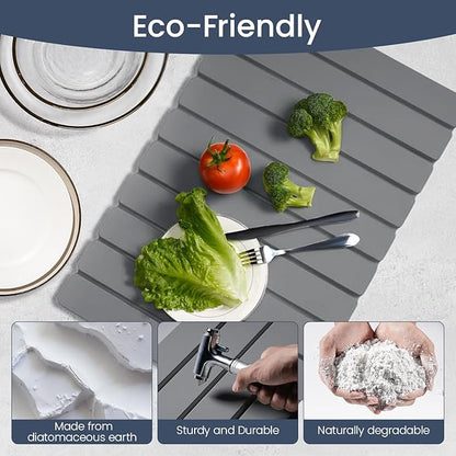 Meowoo Stone Drying Mat for Kitchen Counter, 15.7"x11.8" Foldable Diatomaceous Earth Mat, Super Absorbent, Quick-Dry Bath & Kitchen Pad for Dishes, Cups, Non-Slip, Fits Any Countertop - Dark Gray