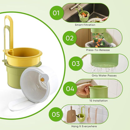 Hanging Food Waste Catcher for Sink, Sink Strainer Basket with Press Dumping, Self-Cleaning Design – Food Strainer for Sink, Faucet-Mounted Trash Catcher for Kitchen (Yellow)