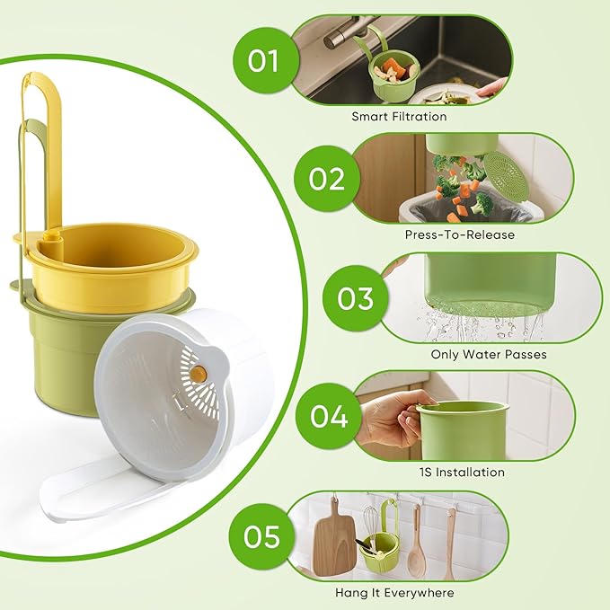 Hanging Food Waste Catcher for Sink, Sink Strainer Basket with Press Dumping, Self-Cleaning Design – Food Strainer for Sink, Faucet-Mounted Trash Catcher for Kitchen (Green)