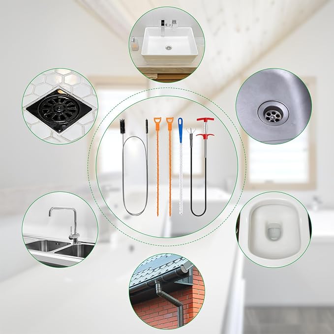 5 Pcs Hair Drain Clog Remover Tool,Hair snake Tool Opener，Flexible Pipe Clog Remover Tool for Toilet, Kitchen Sink, Bathroom Tub, Shower, Sewer