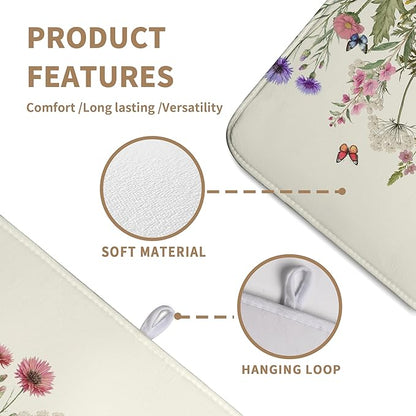 Spring Dish Drying Mat Summer Floral Flowers Kitchen Dish Drying Pad Absorbent Dish Dryer Mat for Kitchen Countertops Microfiber Dishes Drainer Pad Dish Drying Rack Mat (18x24 in)