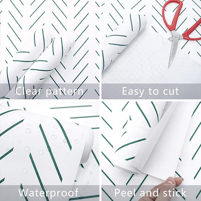 Erfoni Green and White Peel and Stick Wallpaper Herringbone Contact Paper for Bathroom 17.7inch x 118.1inch Modern Geometric Removable Wallpaper Peel and Stick Line Self Adhesive Contact Paper