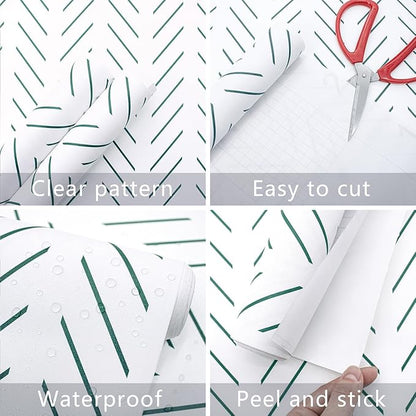Erfoni Green and White Peel and Stick Wallpaper Herringbone Contact Paper for Bathroom 17.7inch x 118.1inch Modern Geometric Removable Wallpaper Peel and Stick Line Self Adhesive Contact Paper