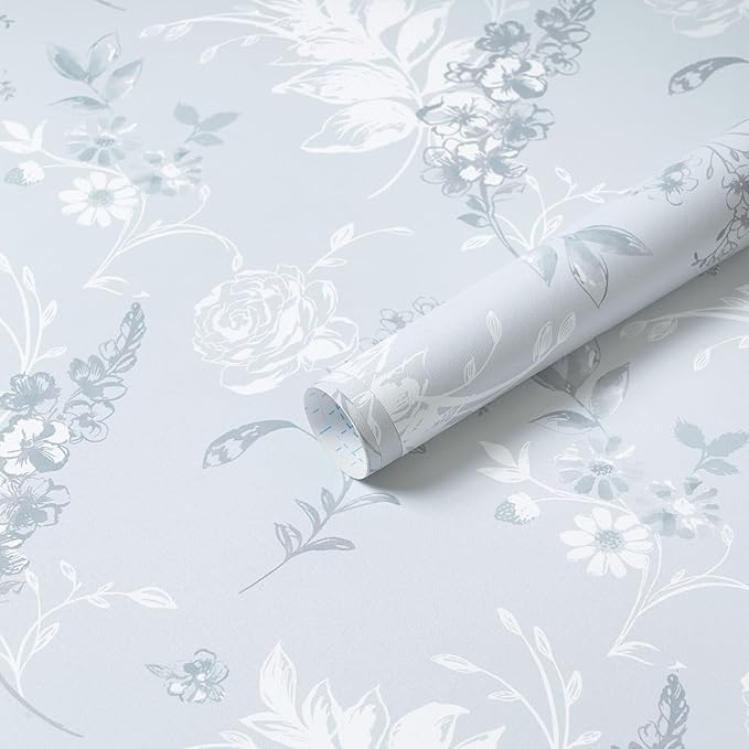 Heroad 17.3inx32.8ft Peel and Stick Wallpaper Delicate Floral Blue Wall Paper French Contact Paper for Cabinet Drawers Self Adhesive Removable Wallpaper for Bathroom Stick on Walls Decor Vinyl Roll