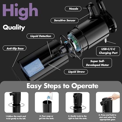 YIKHOM Automatic Liquid Soap Dispenser, Dish Soap Dispenser 8 Volume Control Adjustable, 15.37 oz/450mL Touchless Sanitizer Dispenser, Motion Sensor Soap Pump for Kitchen Bathroom, USB C Rechargeable