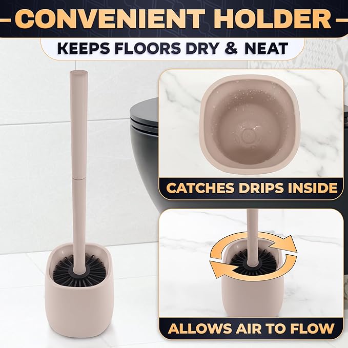 Toilet Brush and Holder Set - Silicone Toilet Brush Cleaner with Cream Holder Base, Compact Bath Accessory for Small Spaces - Easy to Place & Simple to Store After Use, Plastic Bathroom Cleaning Tool