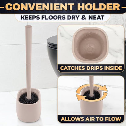 Toilet Brush and Holder Set - Silicone Toilet Brush Cleaner with Cream Holder Base, Compact Bath Accessory for Small Spaces - Easy to Place & Simple to Store After Use, Plastic Bathroom Cleaning Tool