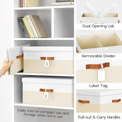 Extra Large Storage Bins - 3 Pack Closet Storage Boxes with Double-Open Lid & Divider Board, Stackable Colthes Storage Organizer, Fabric Basket with Label Tag for Home, Laundry