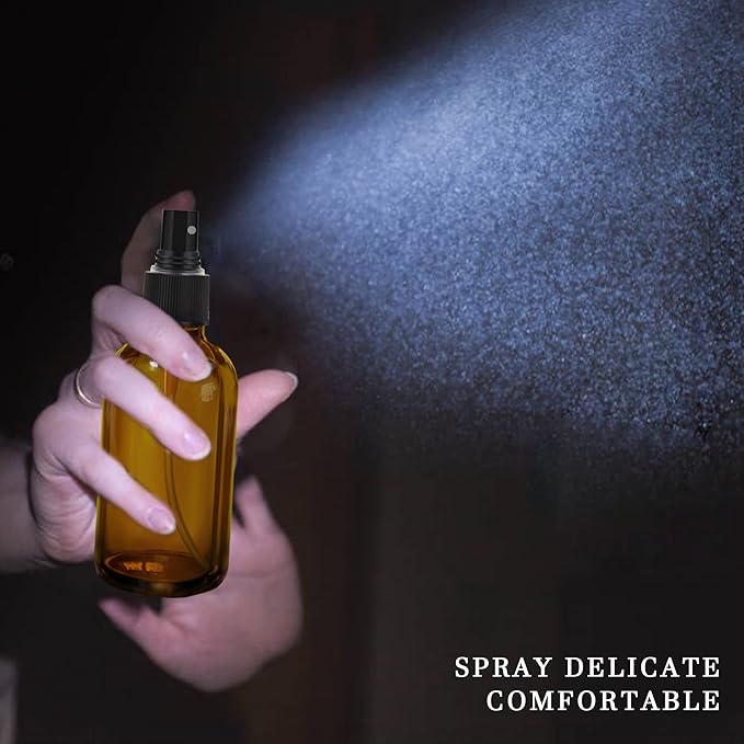 GIVAMEIHF Amber Spray Bottles about 4oz Empty Small Glass Spray Bottle Fine Mist Spray Refillable Containers, Set of 16, Included 24 nozzles, 2 Funnels, 2 Droppers, 24 Labels