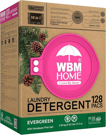 WBM Laundry Detergent Pods - Ultra-Concentrated, Hypoallergenic, Stain-Fighting, Evergreen Scent, 128-Pack, Recyclable Packaging for Eco-Friendly Cleaning