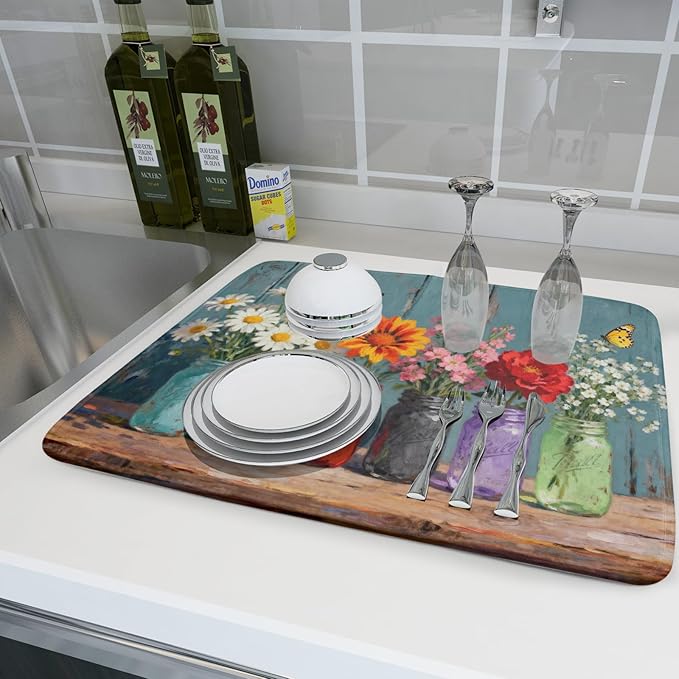 Spring Summer Floral Dish Drying Mat for Kitchen Counter 18x24 Flower Bottle Butterfly Woodgrain Seasonal Absorbent Reversible Microfiber Drying Mats Kitchen Countertop Protector Dishes Drainer Pad