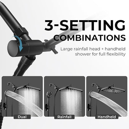 Wide Rain Shower Head With 5 Modes Handheld Showerheads, High Pressure Showerhead Combo with Extension Arm for Bathroom Accessories, Adjustable Shower Head with Anti-Clog Nozzles (Black)