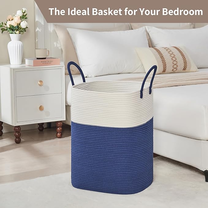 Laundry Basket with Handles - Blanket Basket & Hampers for Bedroom Aesthetic, Laundry Hamper & Blanket Storage for Living Room, Clothes Hamper, Tall, Large 17" x 14" x 23”, White & Dark Blue