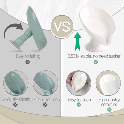 Soap Dish Set, Self Draining Bar Soap Holder for Bathroom Sink, Leaf Shaped Drainage Soap Dish Ceramic White Porcelain Decorative Soap Dishes 2PCS, ANTIS'S HOME