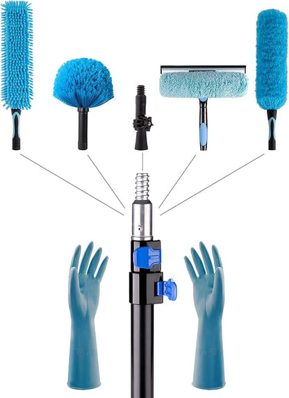 25 Foot High Reach Ceiling Fan Duster with 7-18ft Heavy Duty Extension Pole, Microfiber Feather, Cobweb Duster, Window Squeegee Kit, Cleaning Gloves