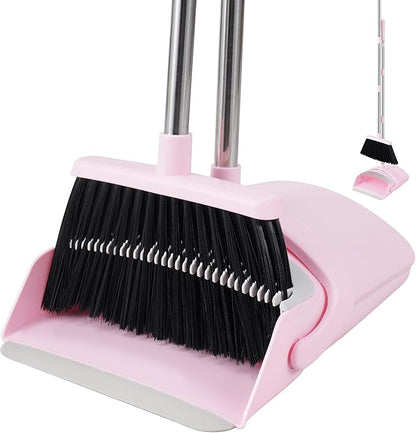 Broom and Dustpan Set House Brooms for Sweeping Indoor Collapsible Broom and Dust Pan Combo for Home Office Kitchen Lobby Floor Pet Hair (Pink)