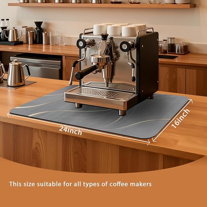 Coffee Mat 24x16 Inch, Light Gray Streamline Coffee Pot Mat, Absorbent Hide Stain Rubber Backed Dish Drying Mat for Kitchen Counter, Mat for Countertops, Under Coffee Maker Machine Bar Espresso Staion