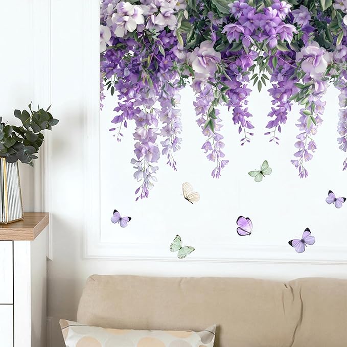 Purple Hanging Vine Wall Decals, Removable Wisteria Floral Vinyl Stickers, Flower Vine Butterfly Stickers Art Wallpaper for Home Clings Bathroom Bedroom Living Room Wall Corner Decor