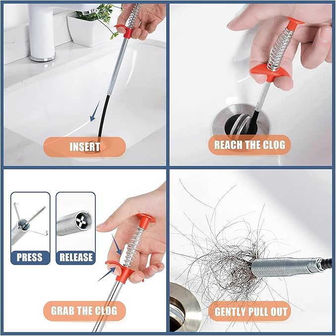 Drain Snake Hair Drain Clog Remover, 61 Inch Shower Snake Sink Unclogger Tool for Home Sink, Bathroom Tub,Drain, Toilet, Tight Spaces