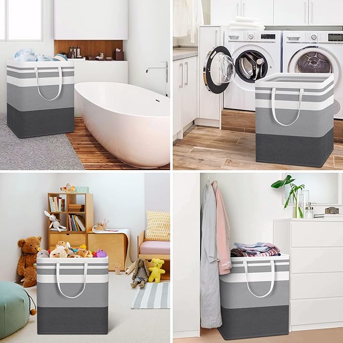 HomeHacks 4-Pack Large Laundry Basket, Waterproof, Freestanding Laundry Hamper, Collapsible Tall Clothes Hamper with Extended Handles for Clothes in the Dorm and Family-(Gradient Grey, 100L)