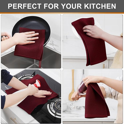 Kitinjoy 100% Cotton Waffle Weave Kitchen Hand Towels (13 X 28 Inches, Burgundy), 4-Pack Super Soft and Absorbent Dish Towel for Drying Dishes