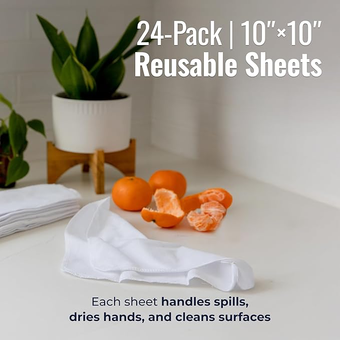 Zero Waste Reusable Paper Towels, Organic Cotton Flannel Wipes for Kitchen, Bathroom, Hand Drying, Pet Messes, and Counter Cleaning, White, 24-Pack Gift Set